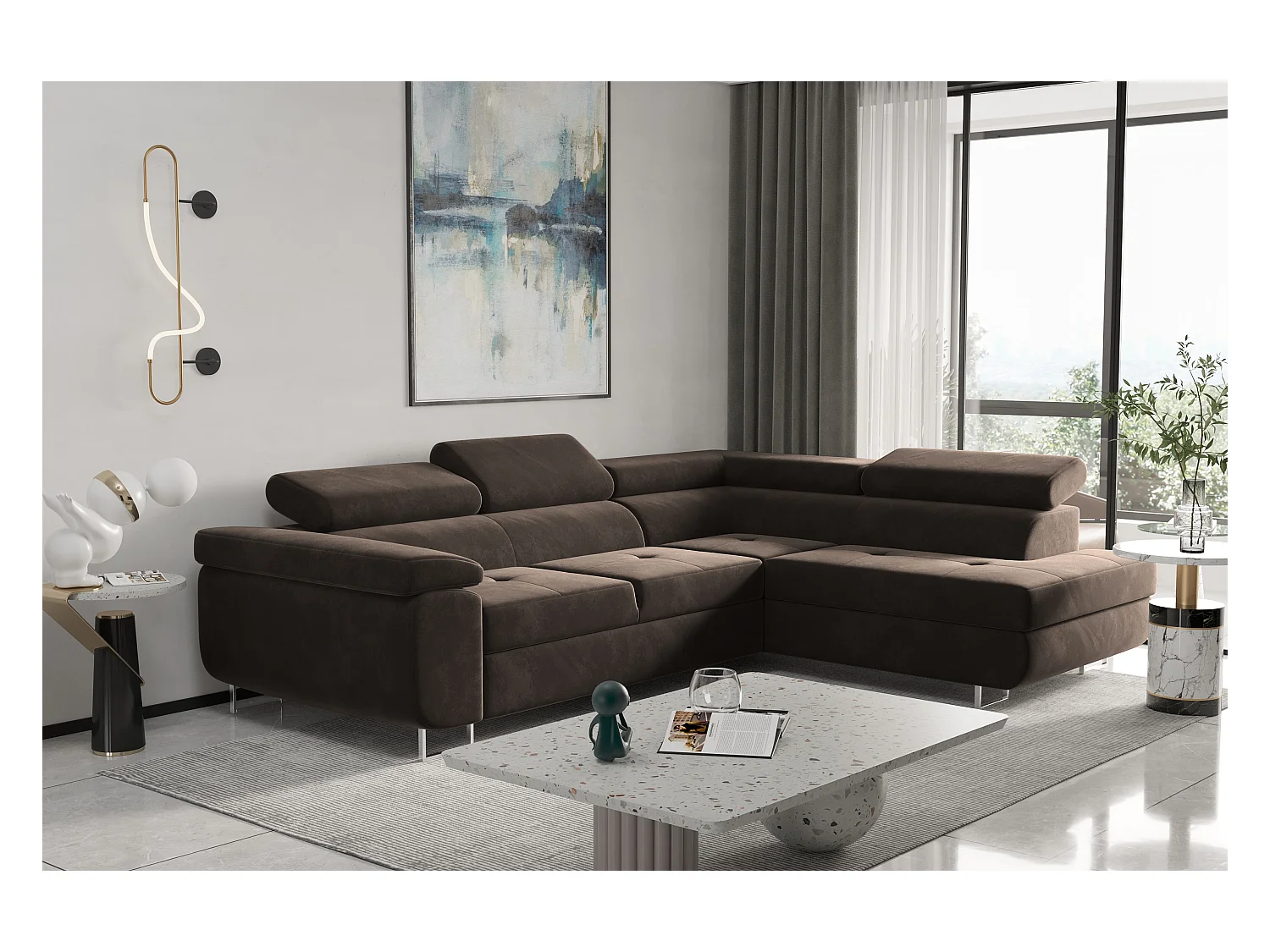 Canapé d'angle ATOM avec fonction couchage, tissu Monolith, marron foncé, droit