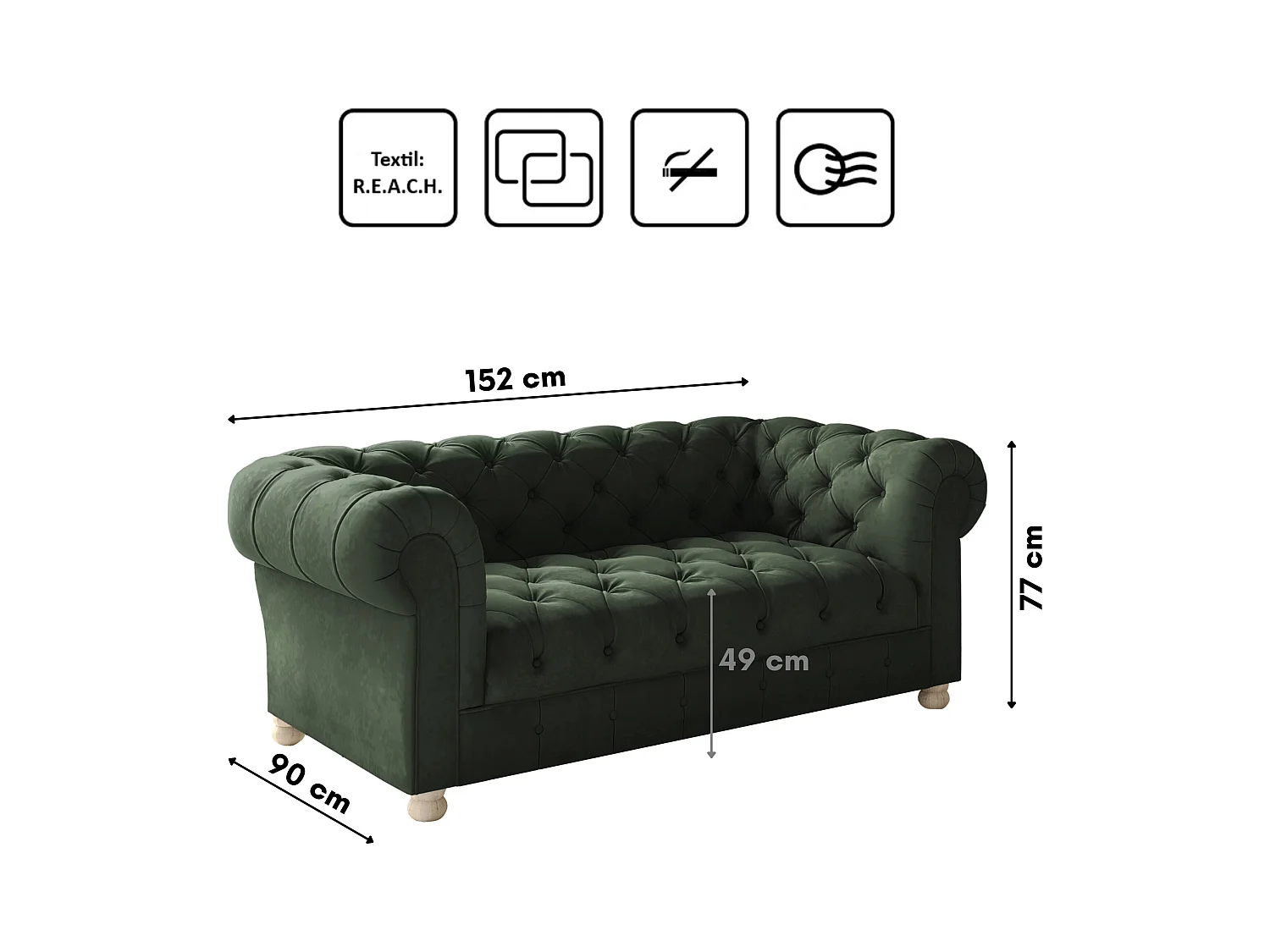 Sofa Zweisitzer CHESTERFIELD, Stoff Whisper, Grün