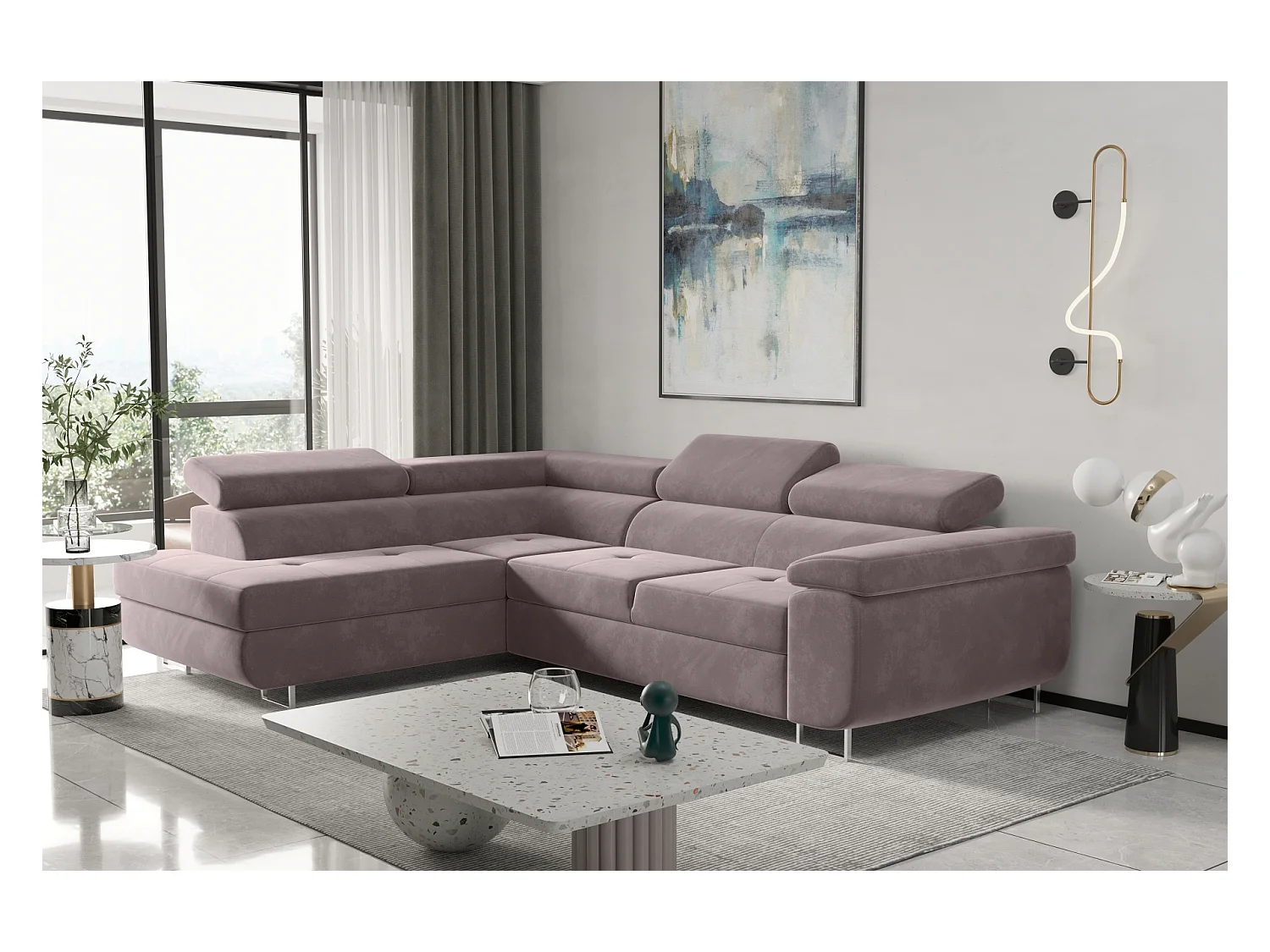 Canapé d'angle ATOM avec fonction couchage, tissu Monolith, violet, gauche