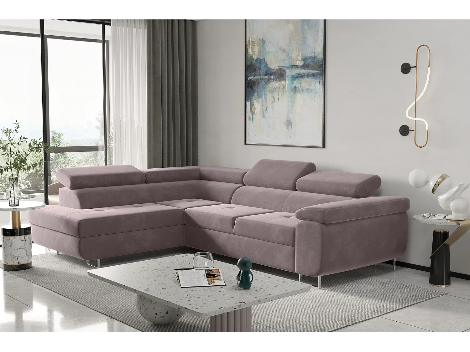 Canapé d'angle ATOM avec fonction couchage, tissu Monolith, violet, gauche