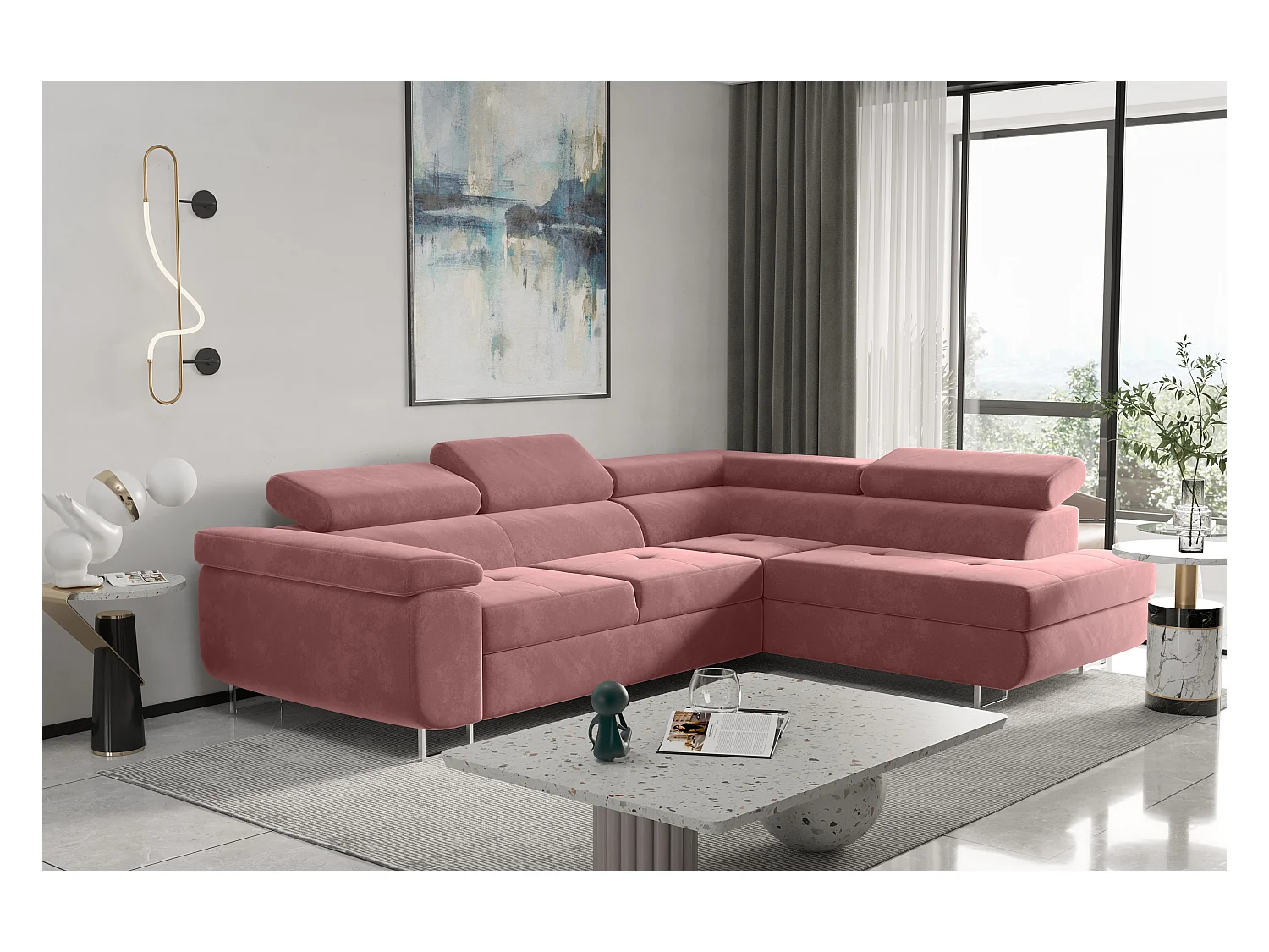 Canapé d'angle ATOM avec fonction couchage, tissu Monolith, rose, droit