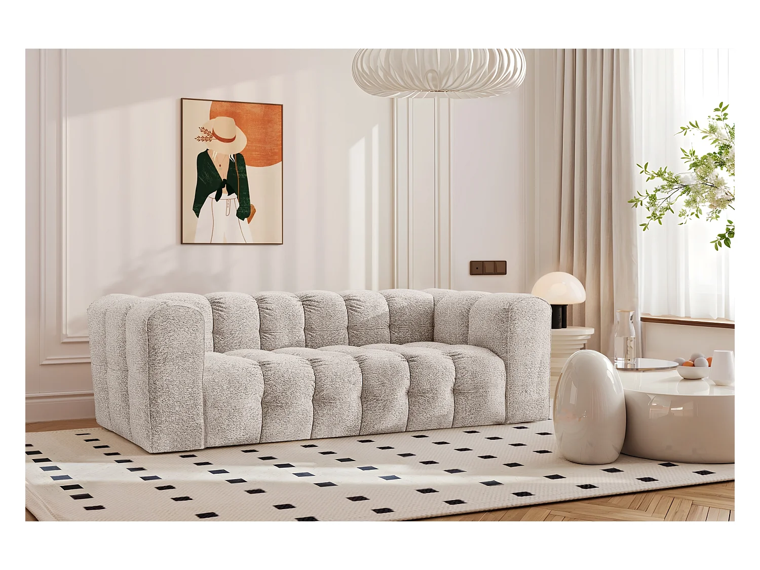Sofa 3-Sitzer, Komfort Couch BALOO, stoff Schenille & Bouclé, Ecru