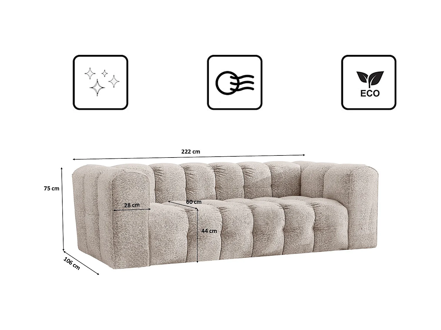 Sofa 3-Sitzer, Komfort Couch BALOO, stoff Schenille & Bouclé, Ecru