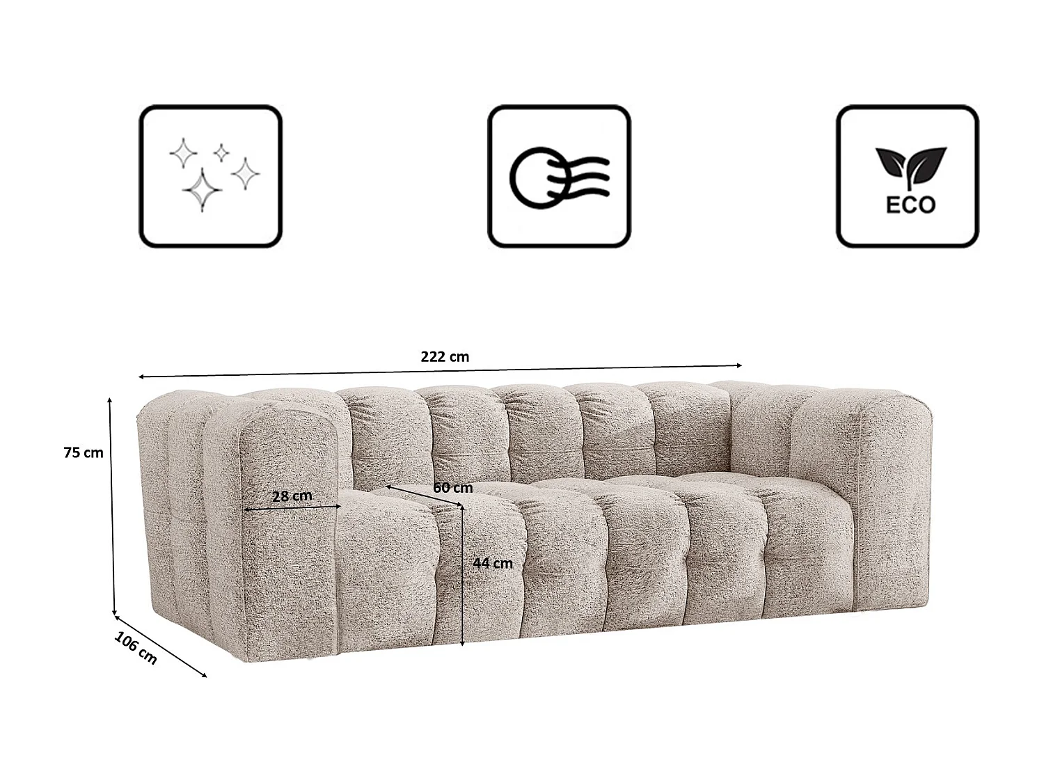 Sofa 3-Sitzer, Komfort Couch BALOO, stoff Schenille & Bouclé, Ecru