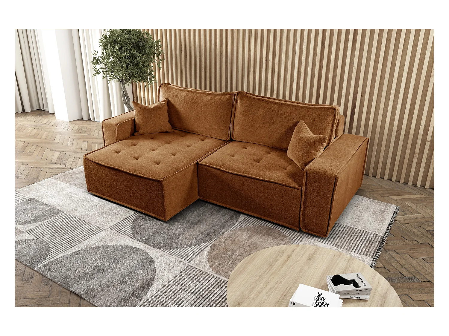 Canapé d'angle Bohoo en L avec convertible, tissu Raven, brique, gauche