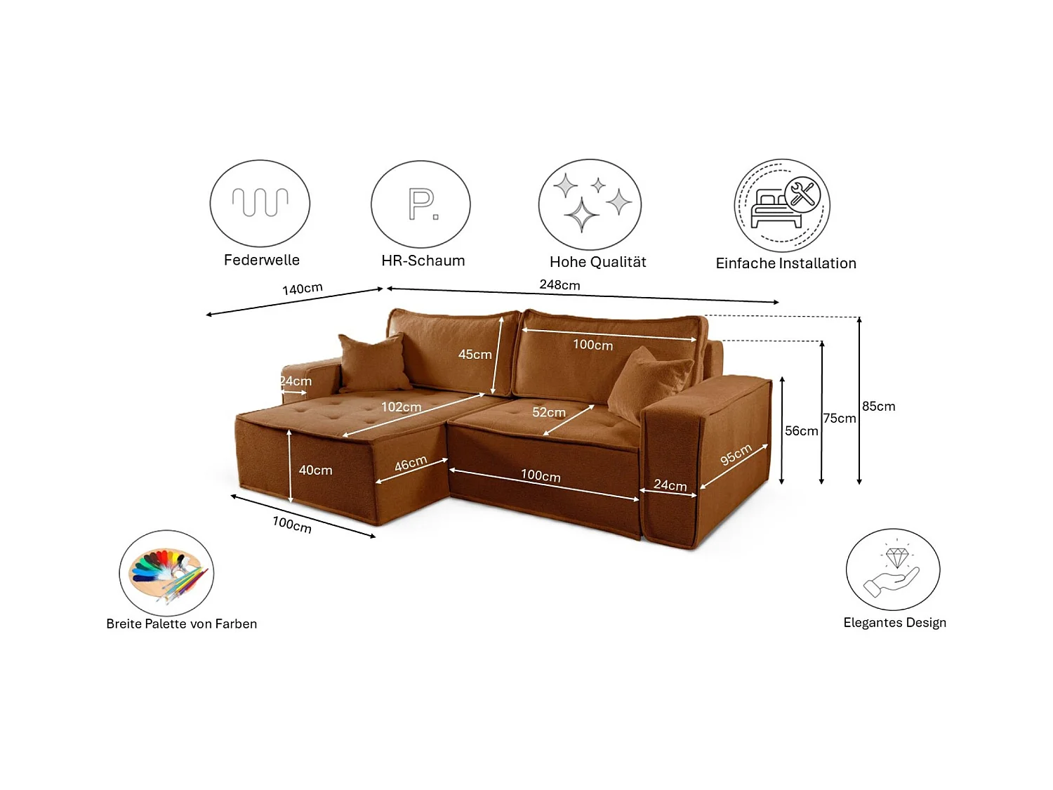 Canapé d'angle Bohoo en L avec convertible, tissu Raven, brique, gauche