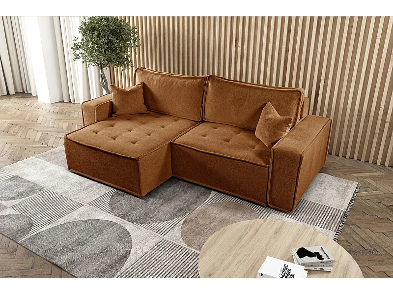 Bohoo L-vormige hoekbank met slaapbank, Raven stof, baksteen, links