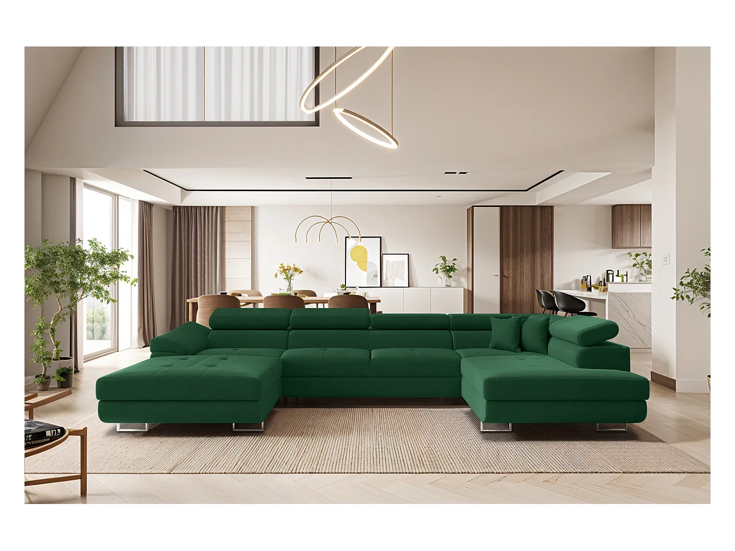 Canapé d'angle en U FALIO II avec fonction couchage, tissu Noel, vert foncé, droite