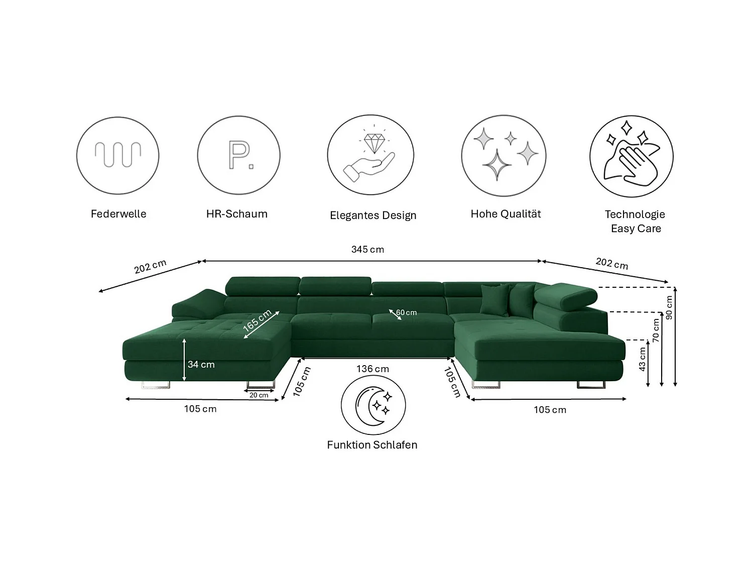 Canapé d'angle en U FALIO II avec fonction couchage, tissu Noel, vert foncé, droite