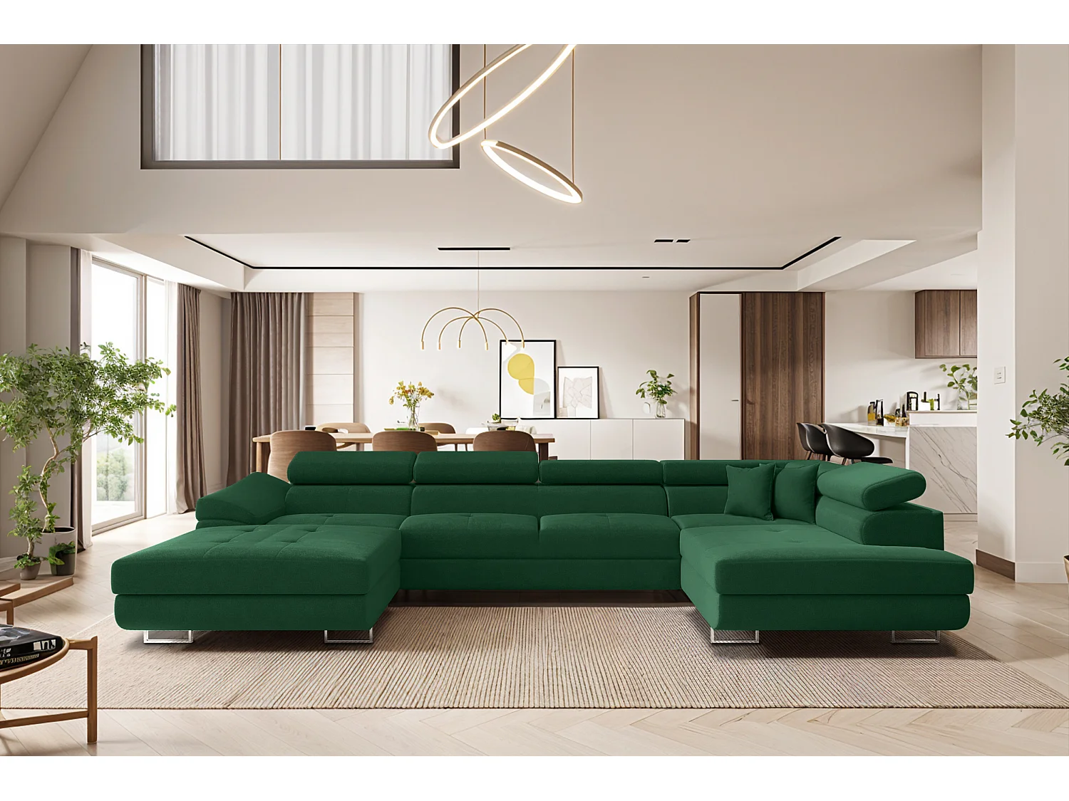 Canapé d'angle en U FALIO II avec fonction couchage, tissu Noel, vert foncé, droite