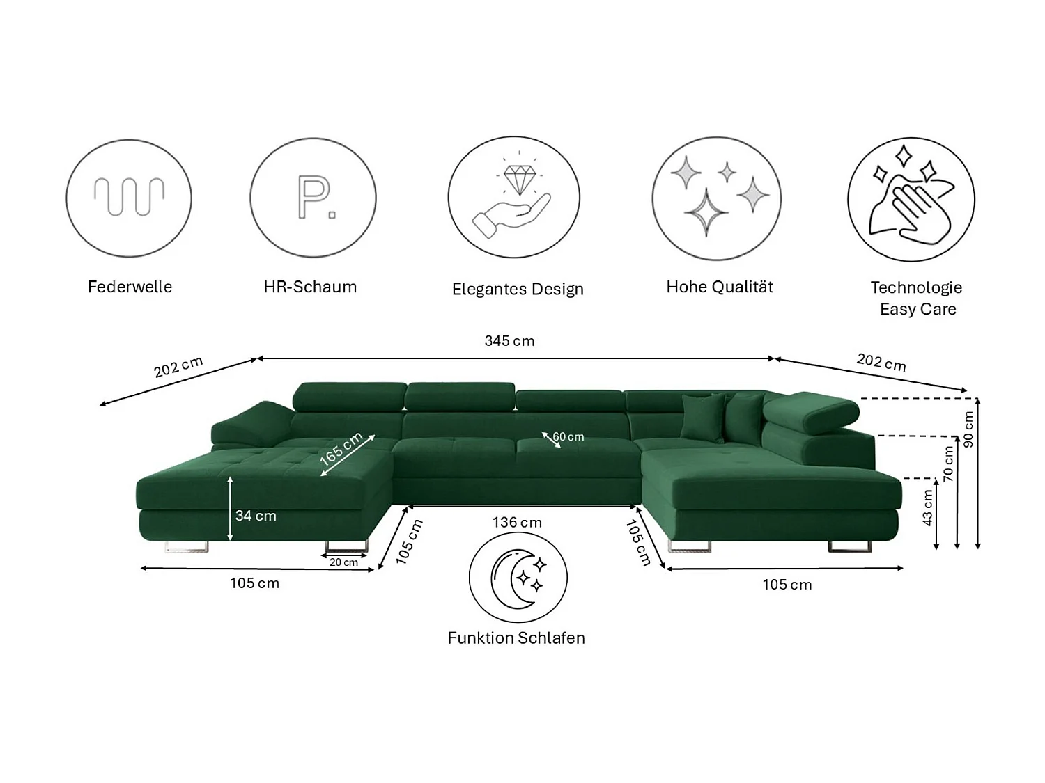 Canapé d'angle en U FALIO II avec fonction couchage, tissu Noel, vert foncé, droite