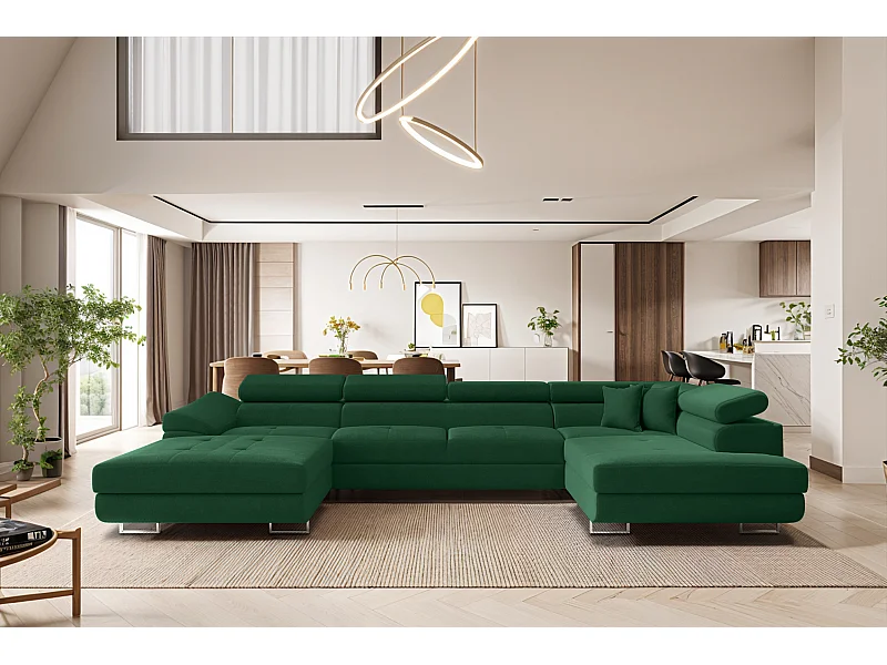 Canapé d'angle en U FALIO II avec fonction couchage, tissu Noel, vert foncé, droite