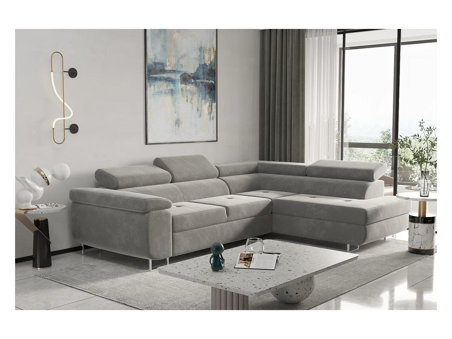 Canapé d'angle ATOM avec fonction couchage, tissu Monolith, gris clair, droit