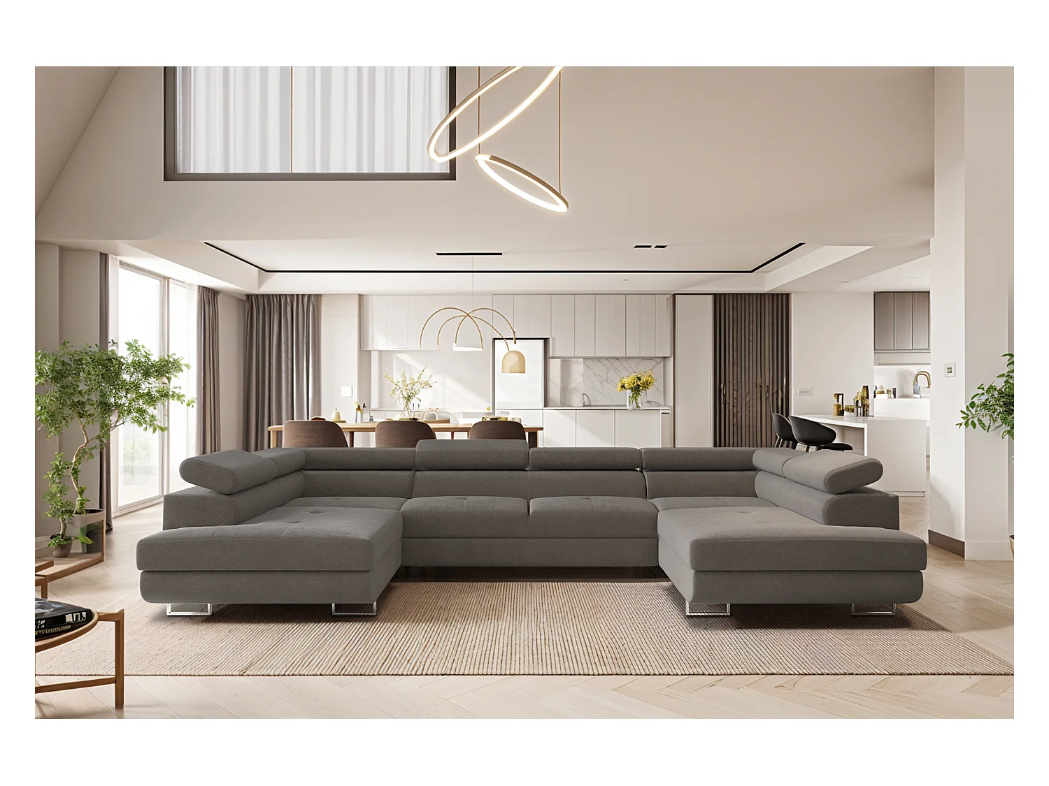 Canapé d'angle en U FALIO avec fonction couchage, tissu Noel, gris