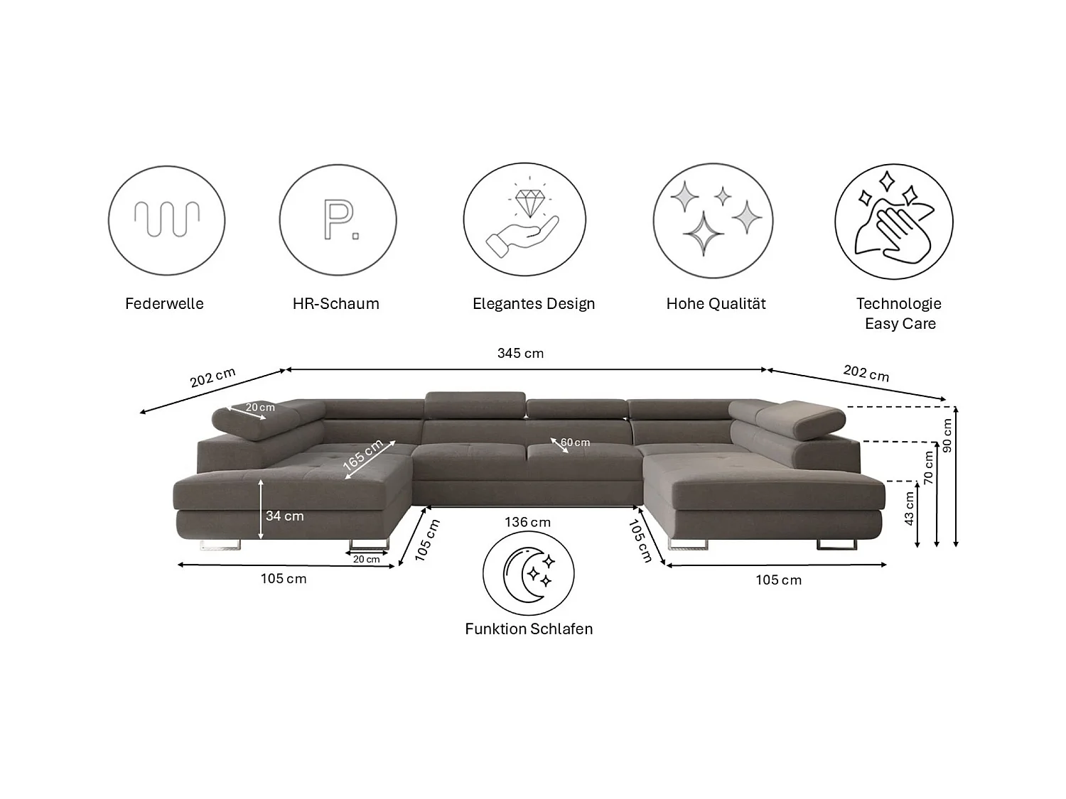Canapé d'angle en U FALIO avec fonction couchage, tissu Noel, gris