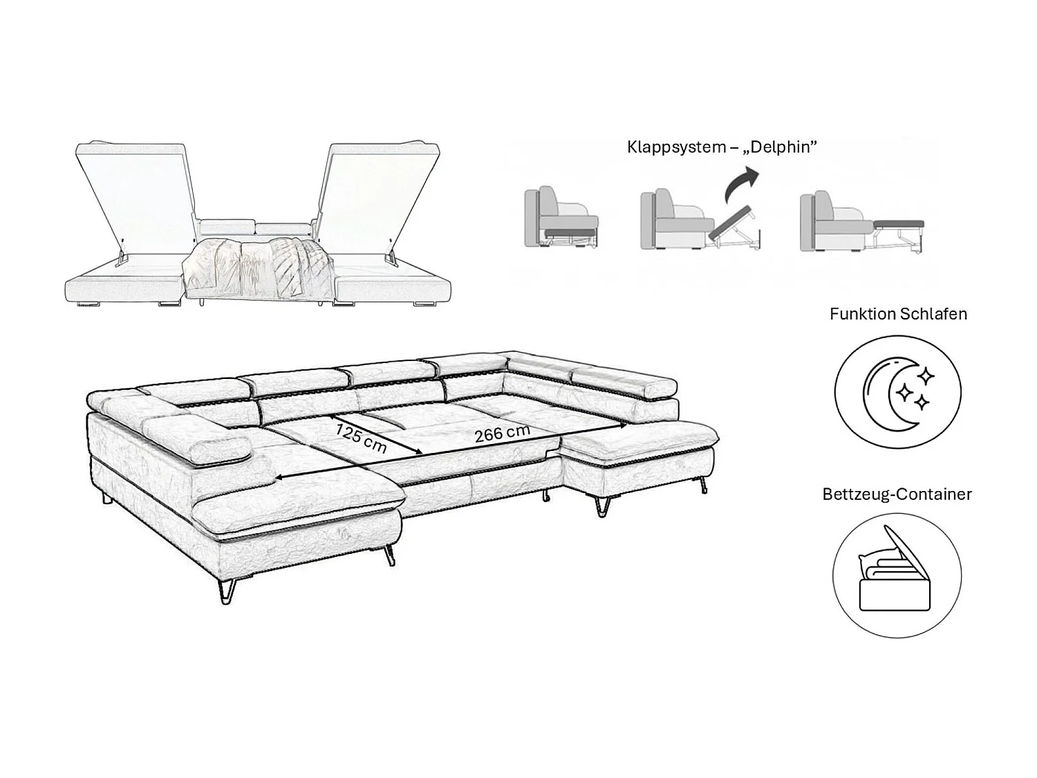Canapé d'angle en U FALIO avec fonction couchage, tissu Noel, gris