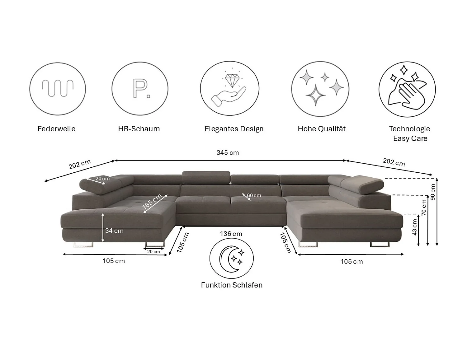 Canapé d'angle en U FALIO avec fonction couchage, tissu Noel, gris