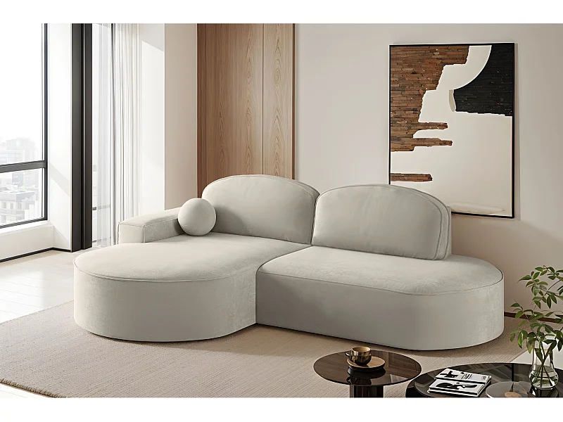 Canapé d'angle avec fonction couchage et coffre de lit Modena Round tissu Salvador Gris Clair Gauche