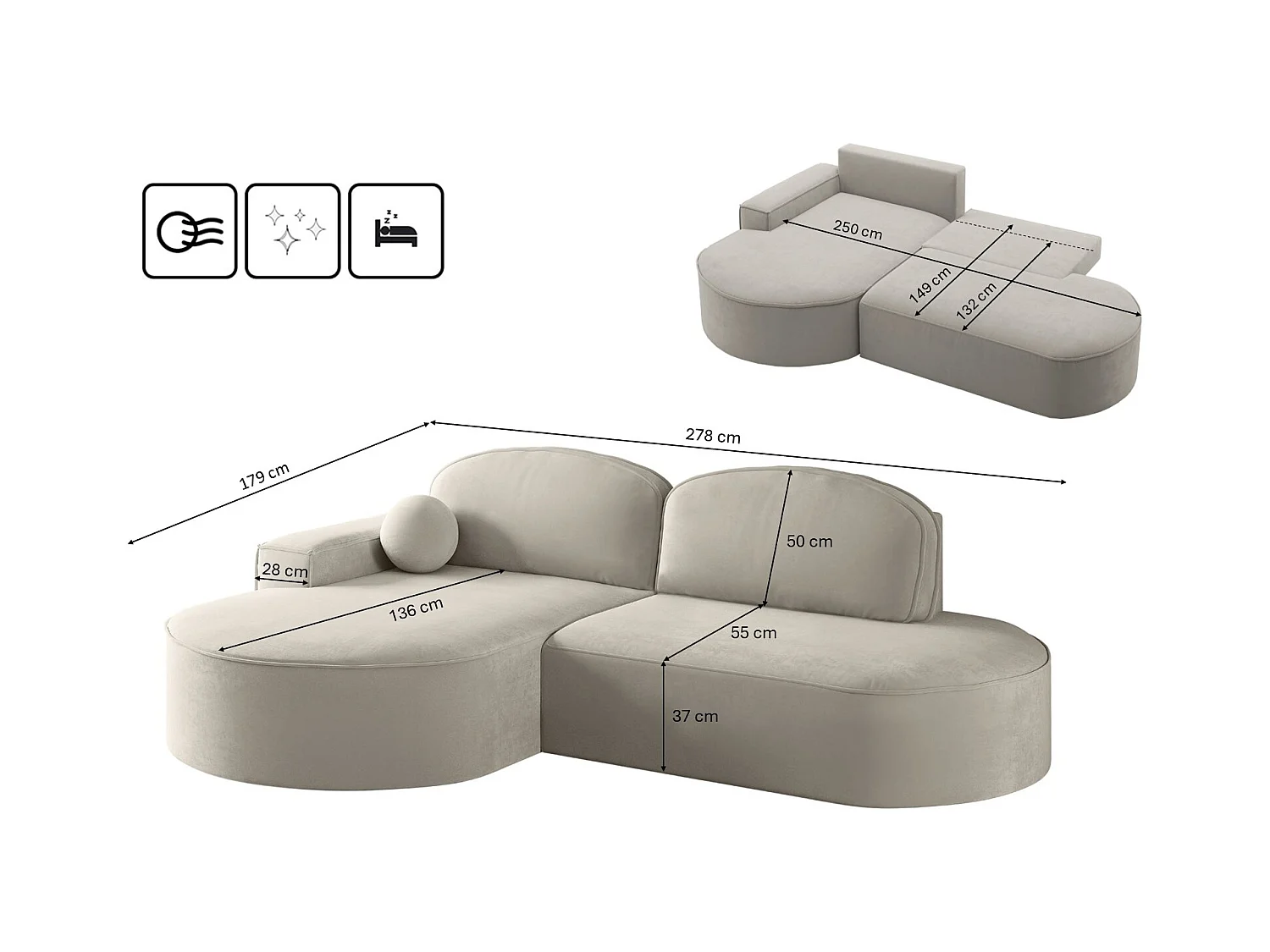 Canapé d'angle avec fonction couchage et coffre de lit Modena Round tissu Salvador Gris Clair Gauche