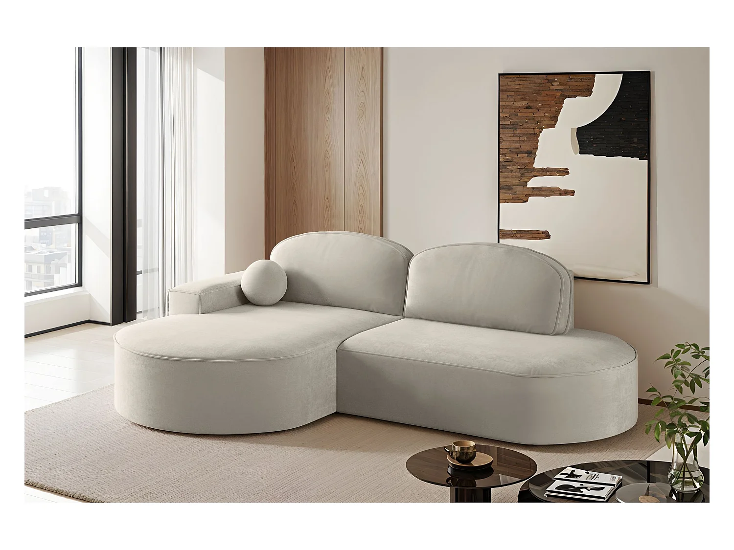 Ecksofa mit Schlaffunktion und Bettkasten Modena Runden stoff Salvador Hellgrau Links