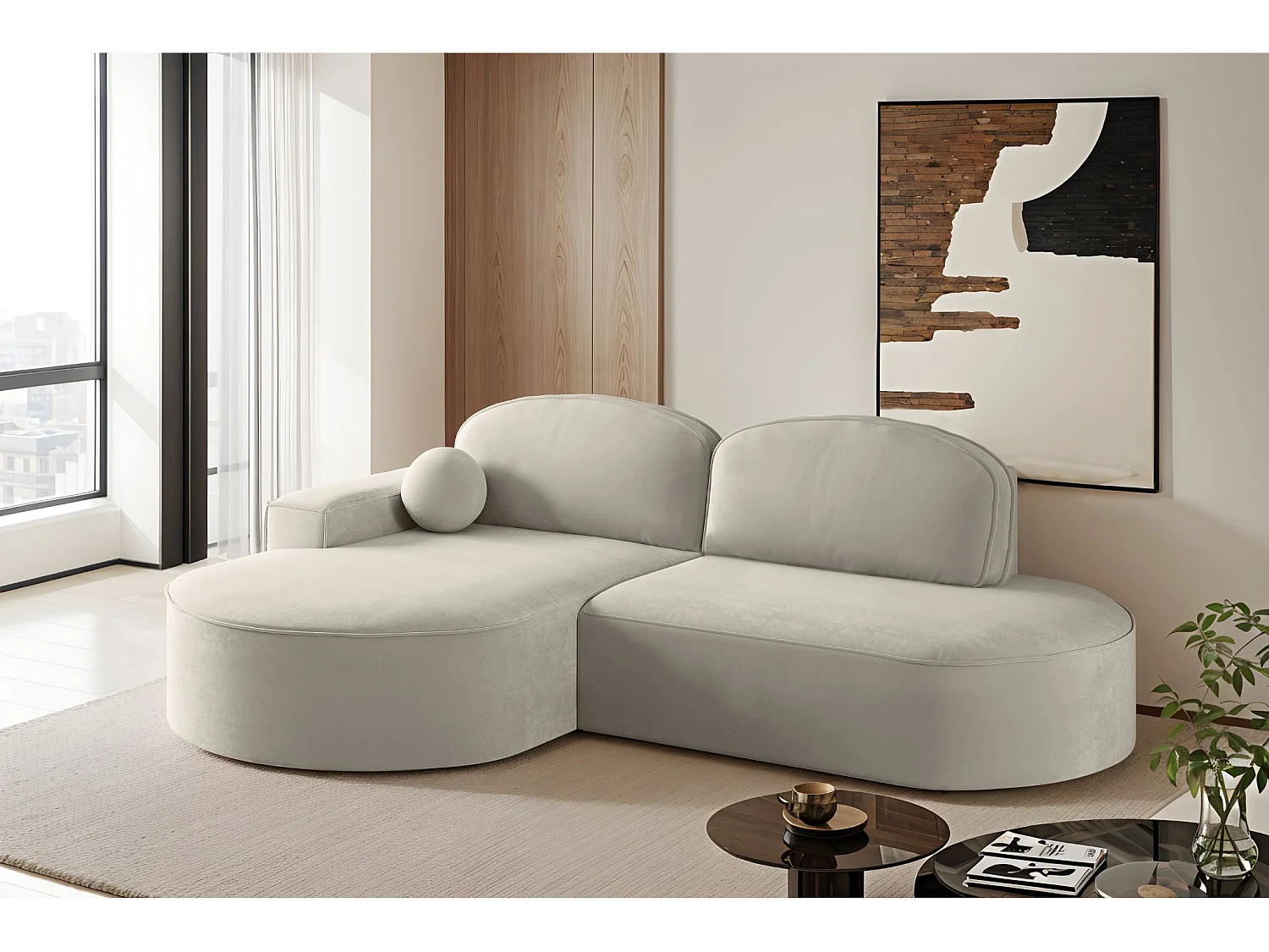Canapé d'angle avec fonction couchage et coffre de lit Modena Round tissu Salvador Gris Clair Gauche