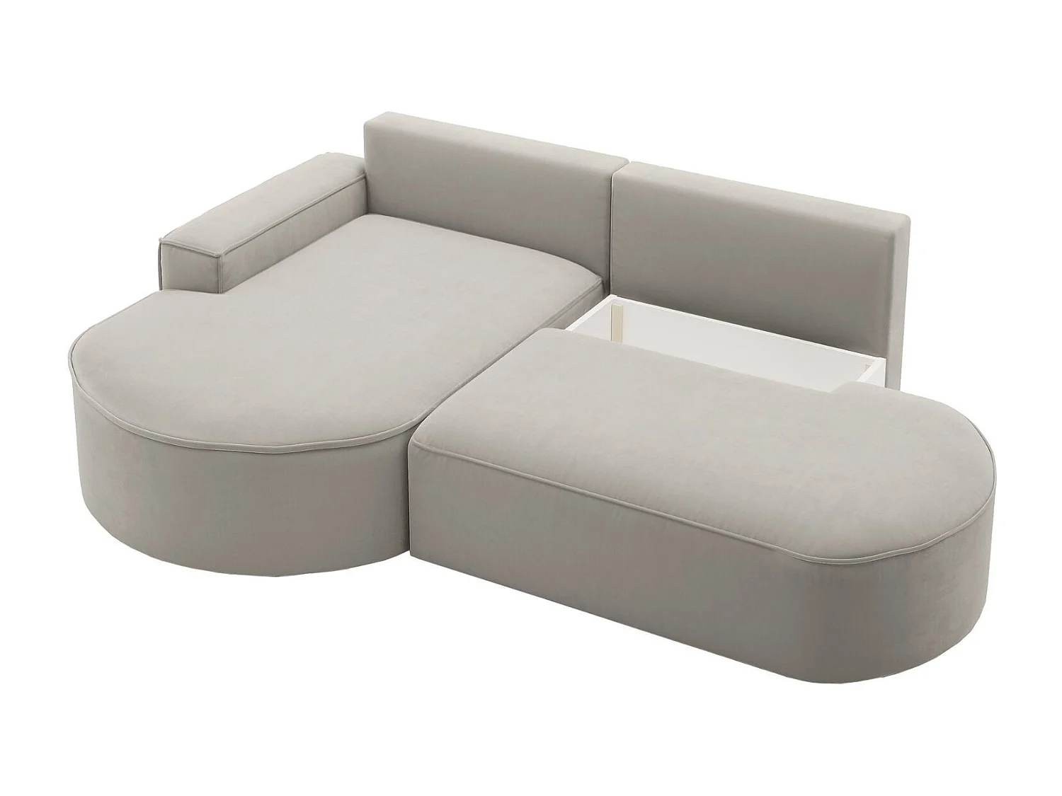 Canapé d'angle avec fonction couchage et coffre de lit Modena Round tissu Salvador Gris Clair Gauche