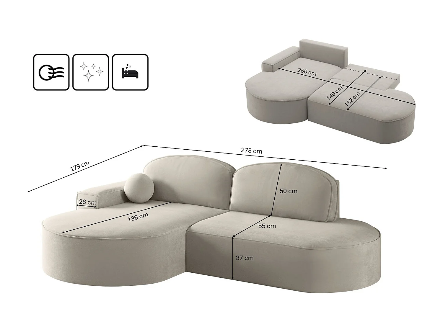 Canapé d'angle avec fonction couchage et coffre de lit Modena Round tissu Salvador Gris Clair Gauche