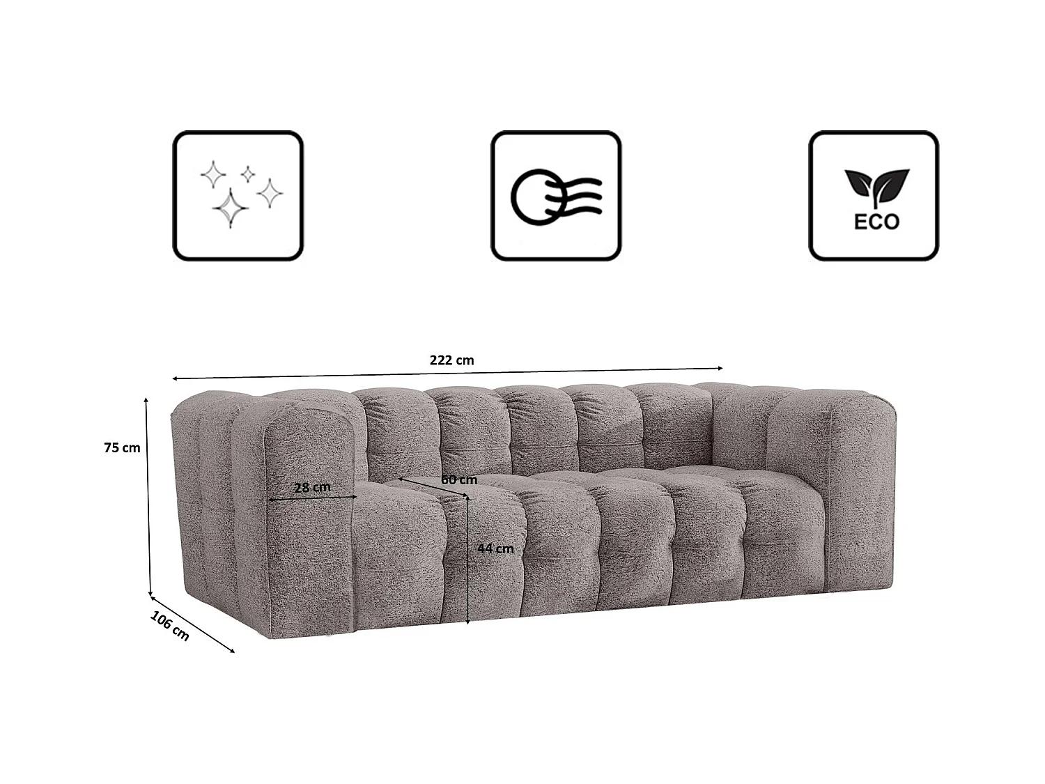 Sofa 3-Sitzer, Komfort Couch BALOO, stoff Schenille & Bouclé, Grau