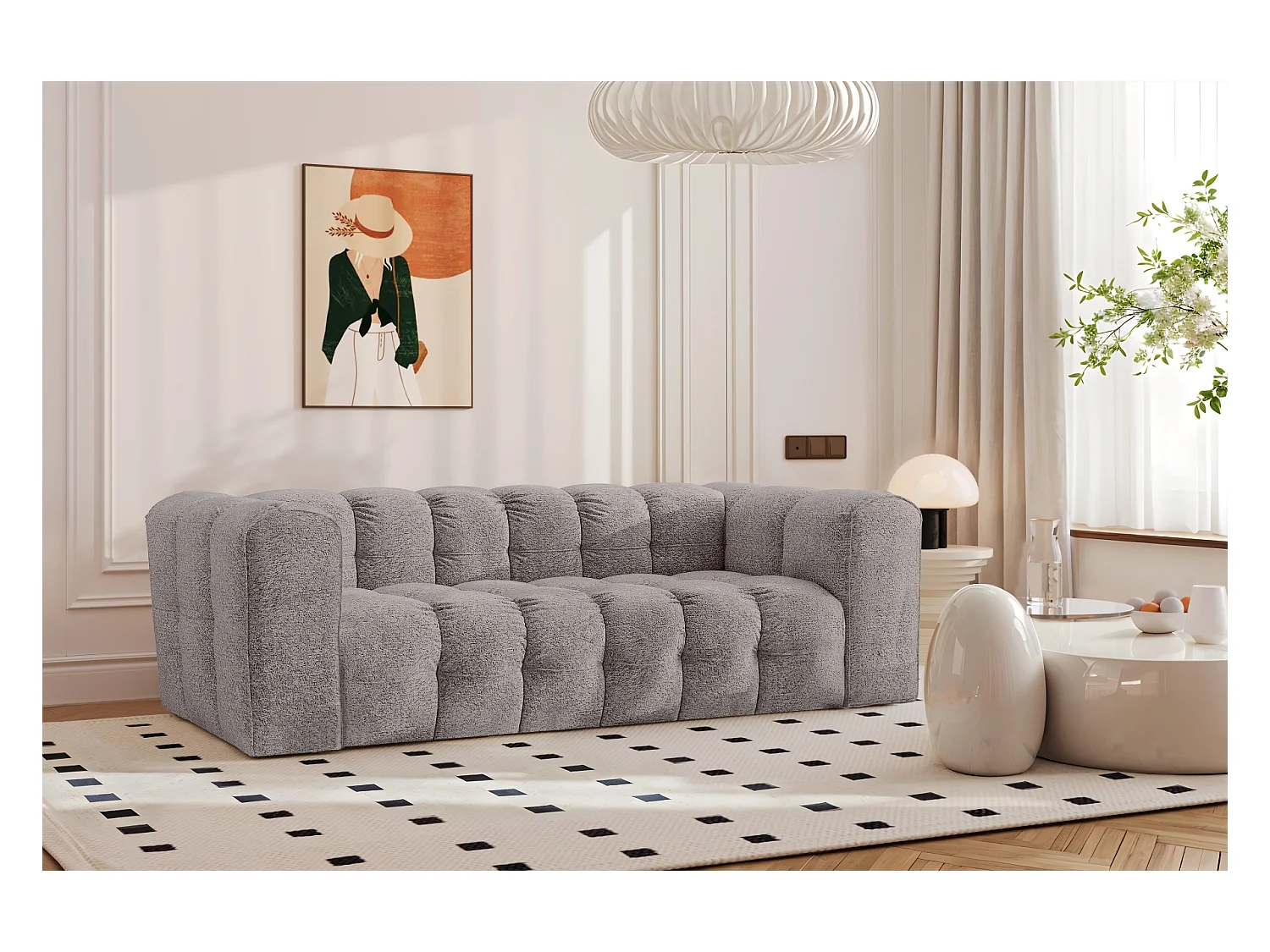 Sofa 3-Sitzer, Komfort Couch BALOO, stoff Schenille & Bouclé, Grau