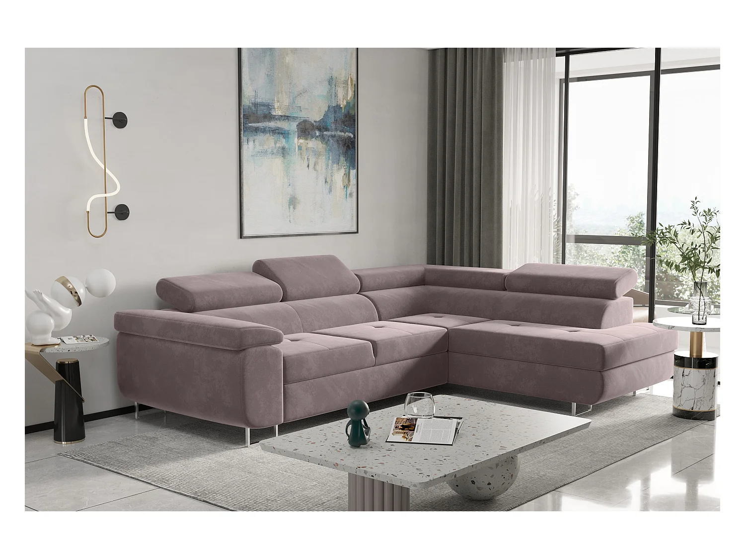 Canapé d'angle ATOM avec fonction couchage, tissu Monolith, violet, droit