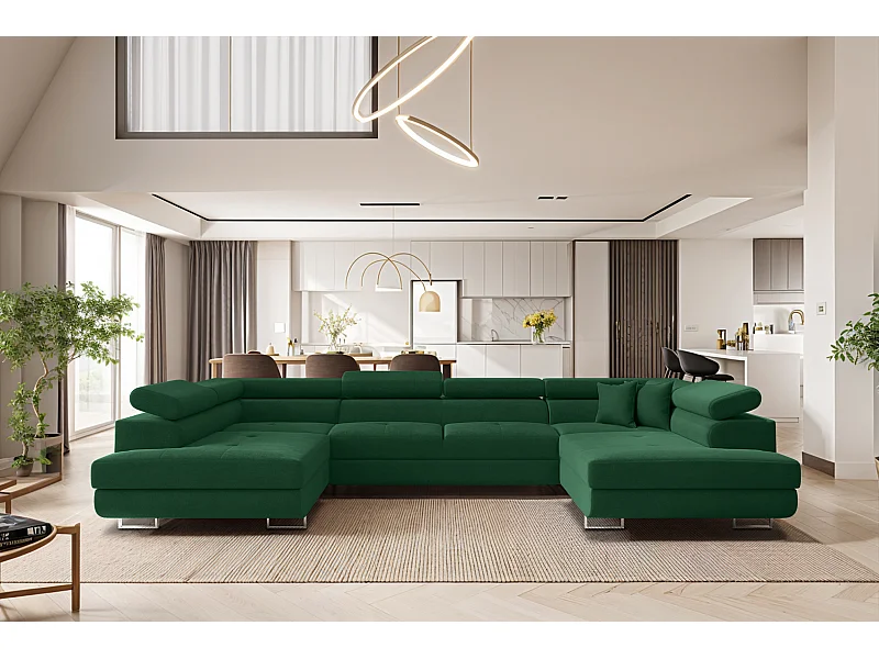 Ecksofa FALIO U-Form mit Schlaffunktion, Stoff Noel, Dunkelgrün