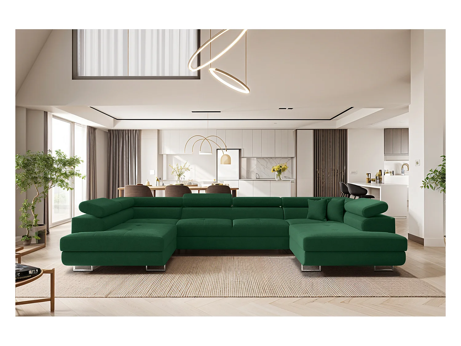 Canapé d'angle en U FALIO avec fonction couchage, tissu Noel, vert foncé