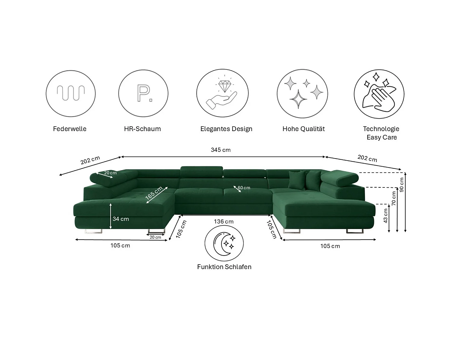 Canapé d'angle en U FALIO avec fonction couchage, tissu Noel, vert foncé
