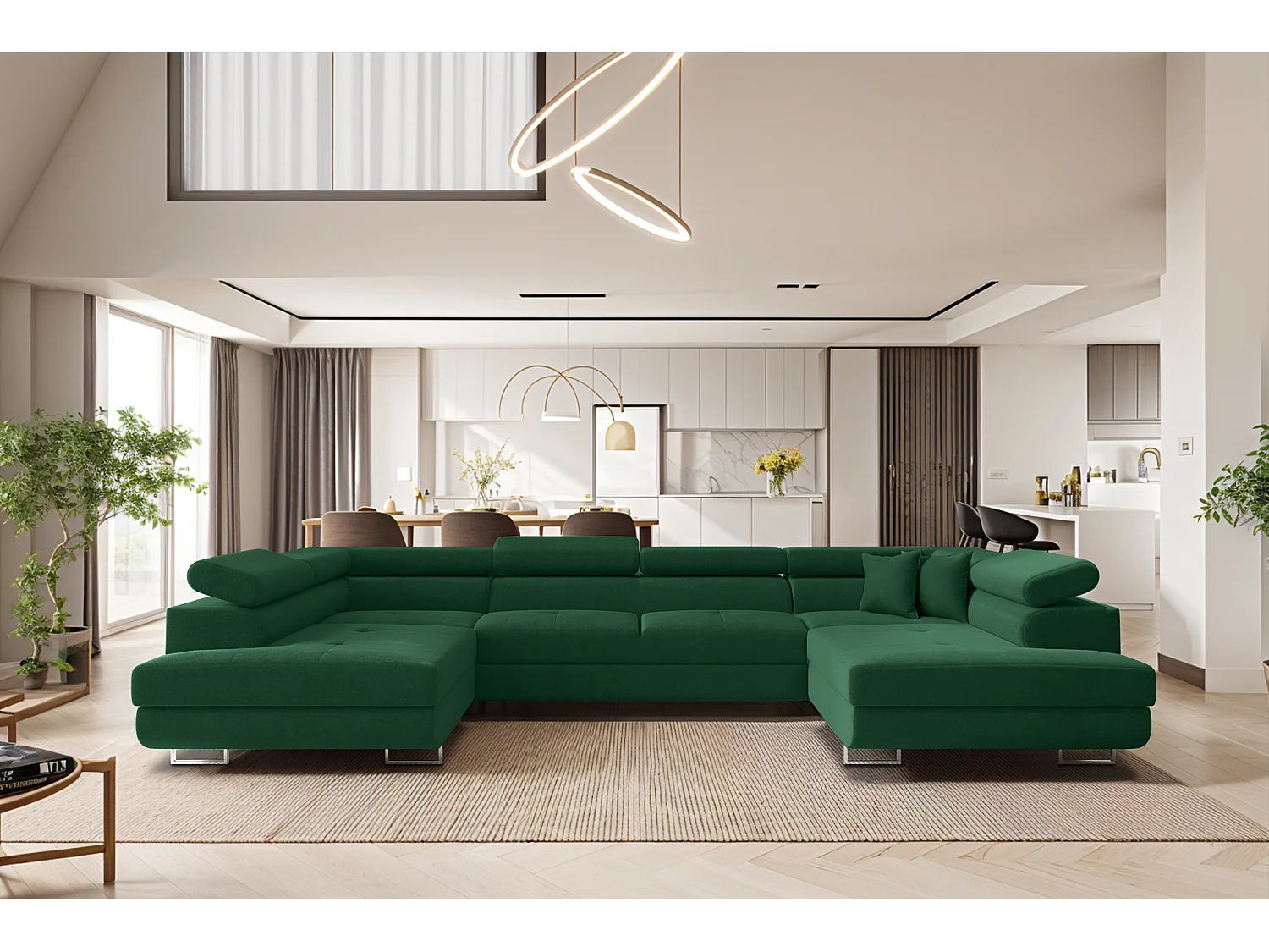 Canapé d'angle en U FALIO avec fonction couchage, tissu Noel, vert foncé