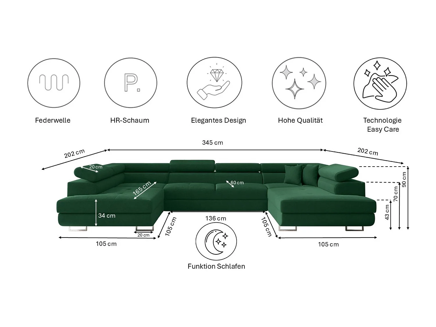Canapé d'angle en U FALIO avec fonction couchage, tissu Noel, vert foncé