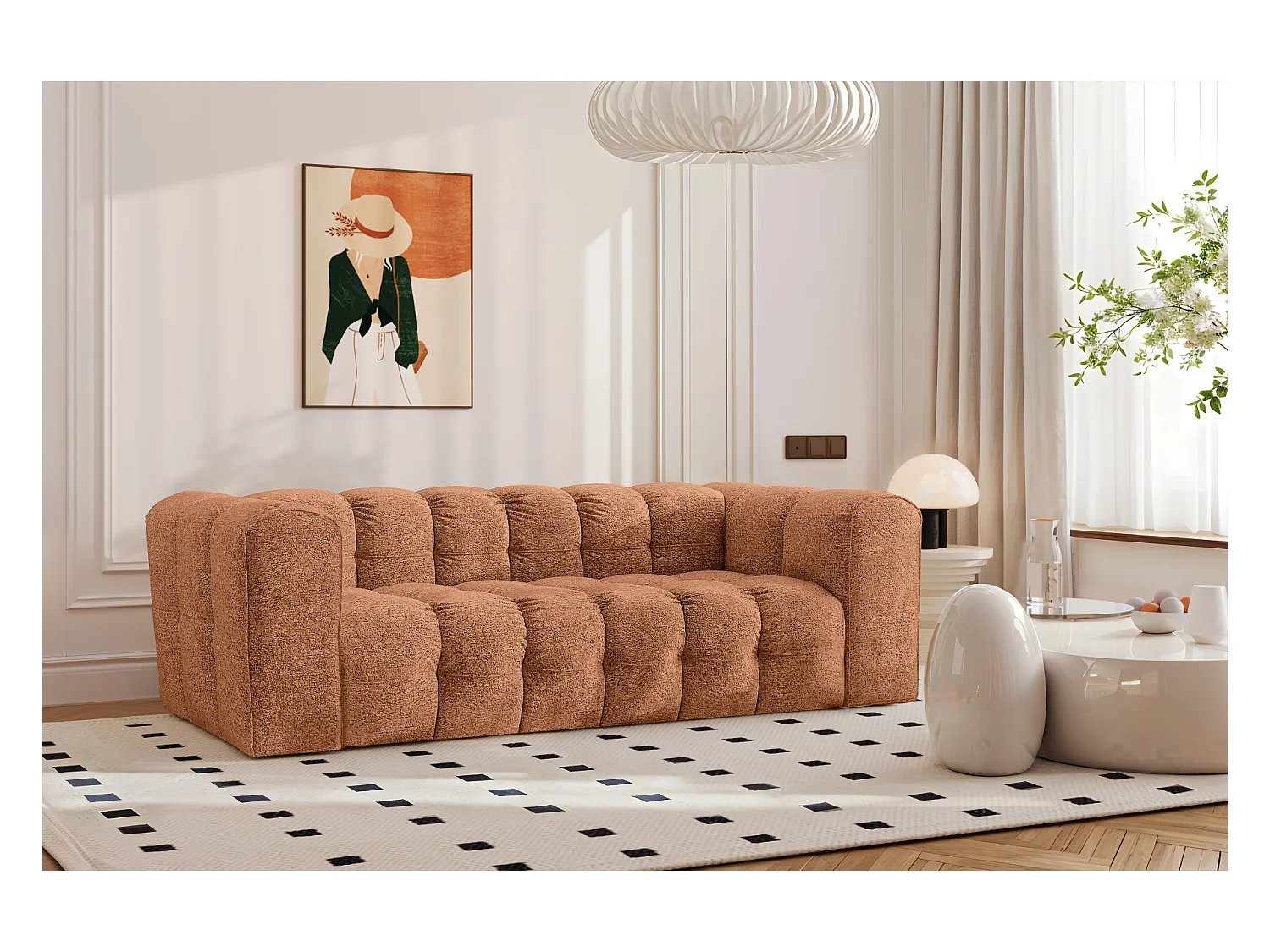 Sofa 3-Sitzer, Komfort Couch BALOO, stoff Schenille & Bouclé, Orange
