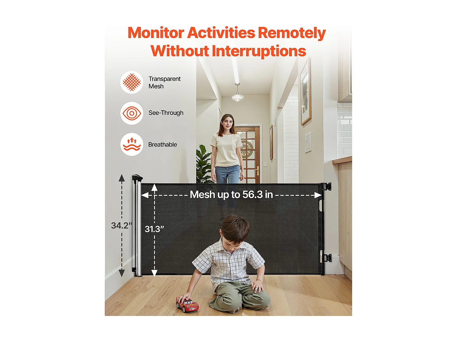 Barrière de Sécurité SucceBuy Extensible, Clôture en Maille 143 cm de Large et 79,5 cm de Haut, Barrière Rétractable pour Animaux de Compagnie