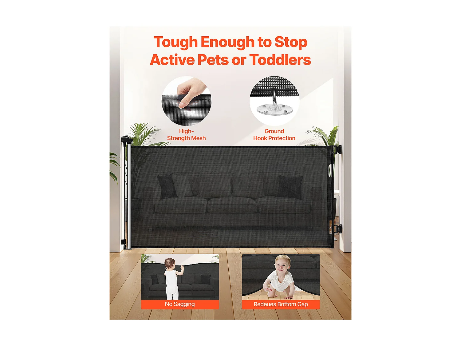 Barrière de Sécurité SucceBuy Extensible, Clôture en Maille 143 cm de Large et 79,5 cm de Haut, Barrière Rétractable pour Animaux de Compagnie