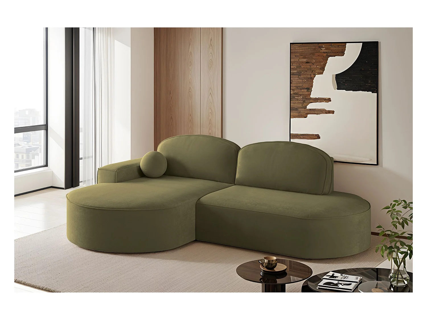 Canapé d'angle avec fonction couchage et coffre de lit Modena Round tissu Salvador Olive Gauche