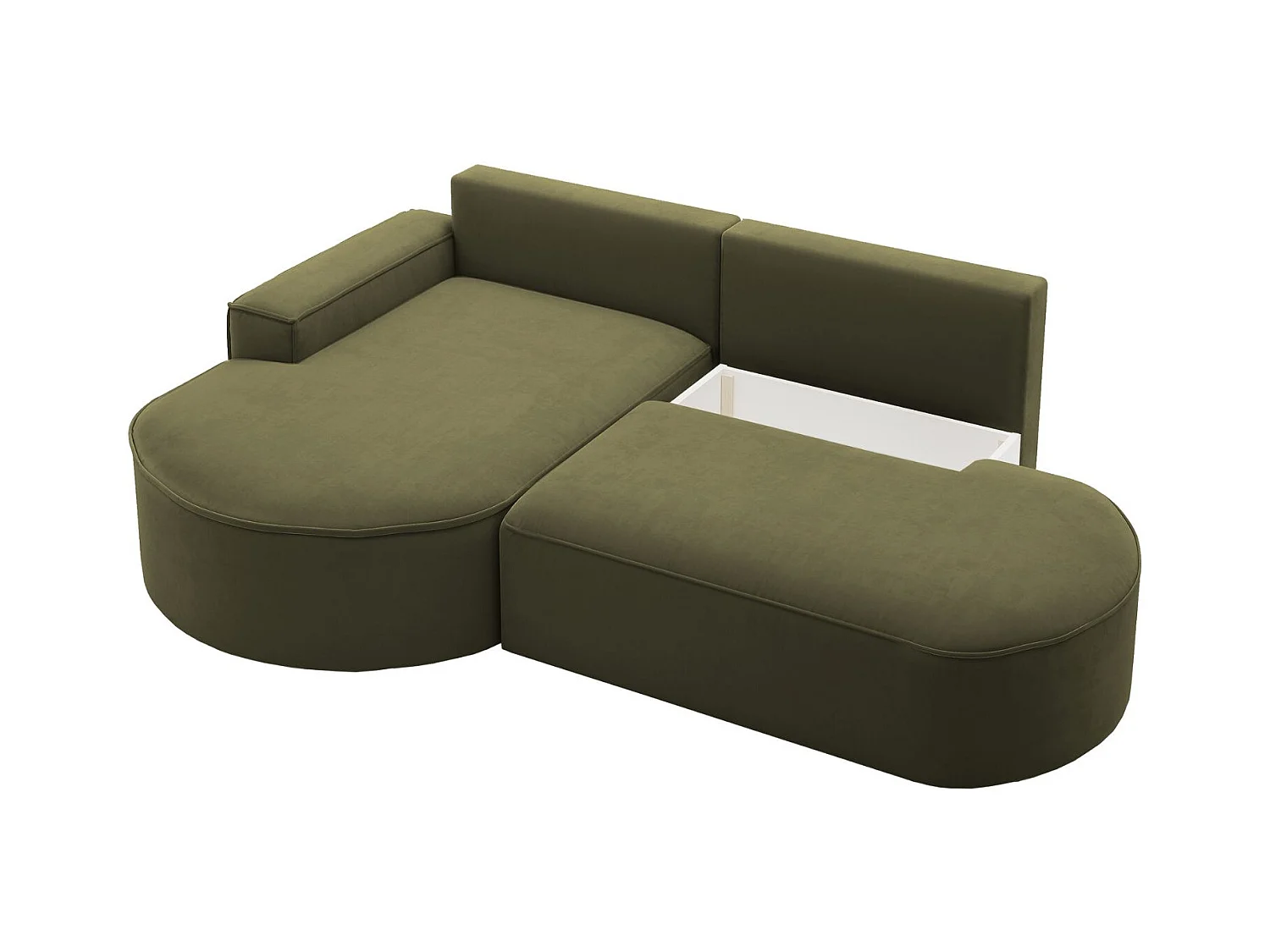 Canapé d'angle avec fonction couchage et coffre de lit Modena Round tissu Salvador Olive Gauche