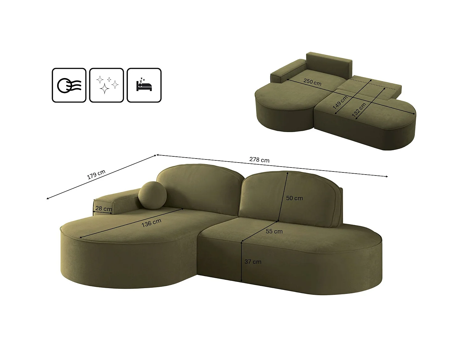 Canapé d'angle avec fonction couchage et coffre de lit Modena Round tissu Salvador Olive Gauche