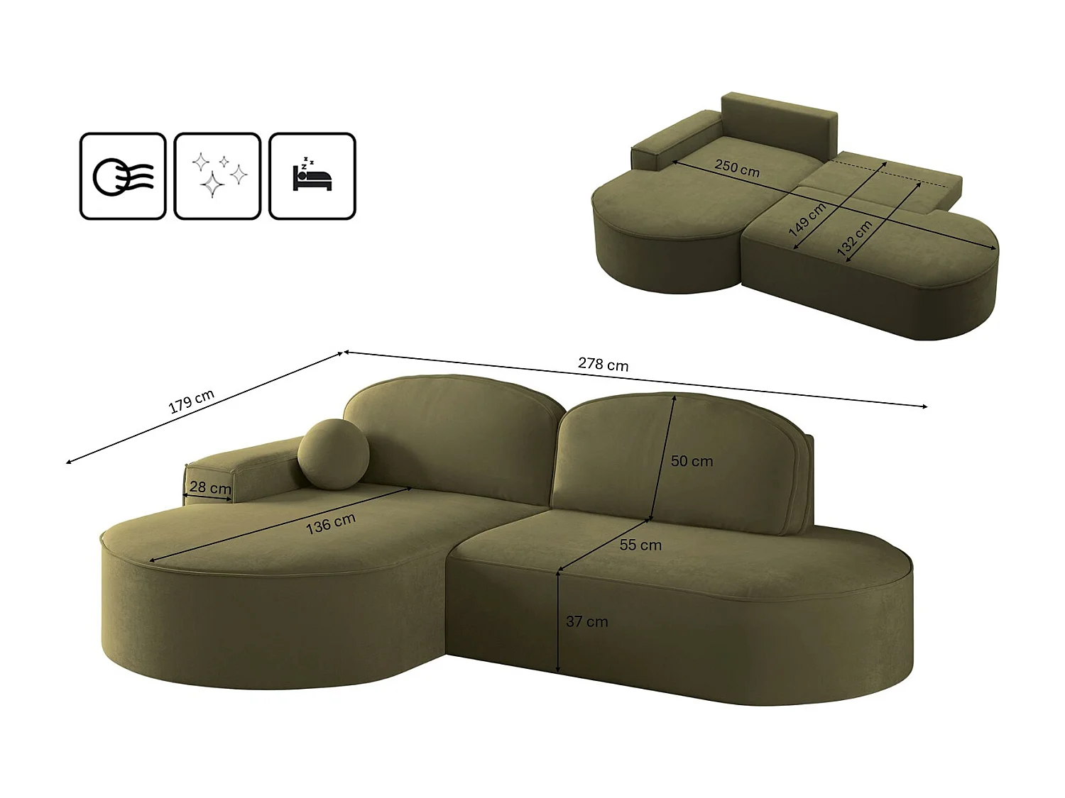 Hoekbank met slaapfunctie en bedstee Modena Rond stof Salvador Olijf Links