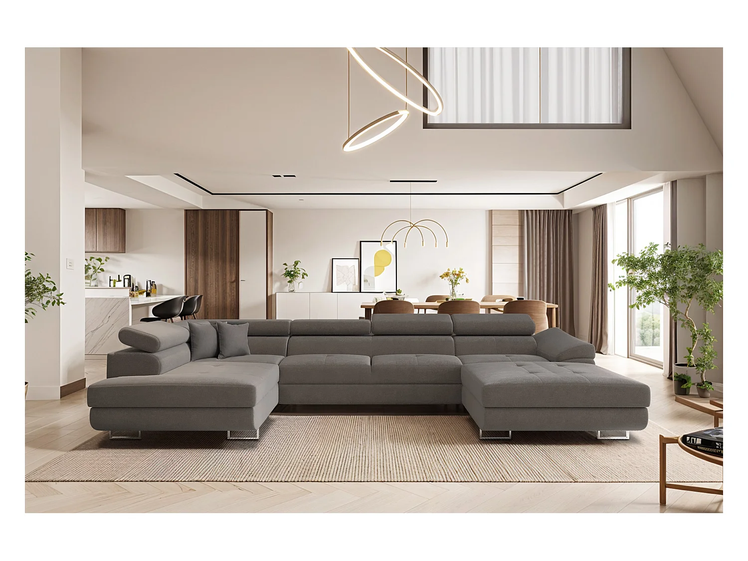 Canapé d'angle en U FALIO II avec fonction couchage, tissu Noel, gris, gauche