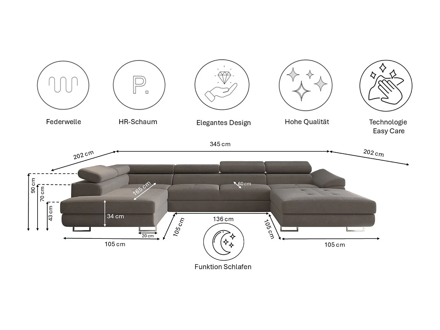 Canapé d'angle en U FALIO II avec fonction couchage, tissu Noel, gris, gauche