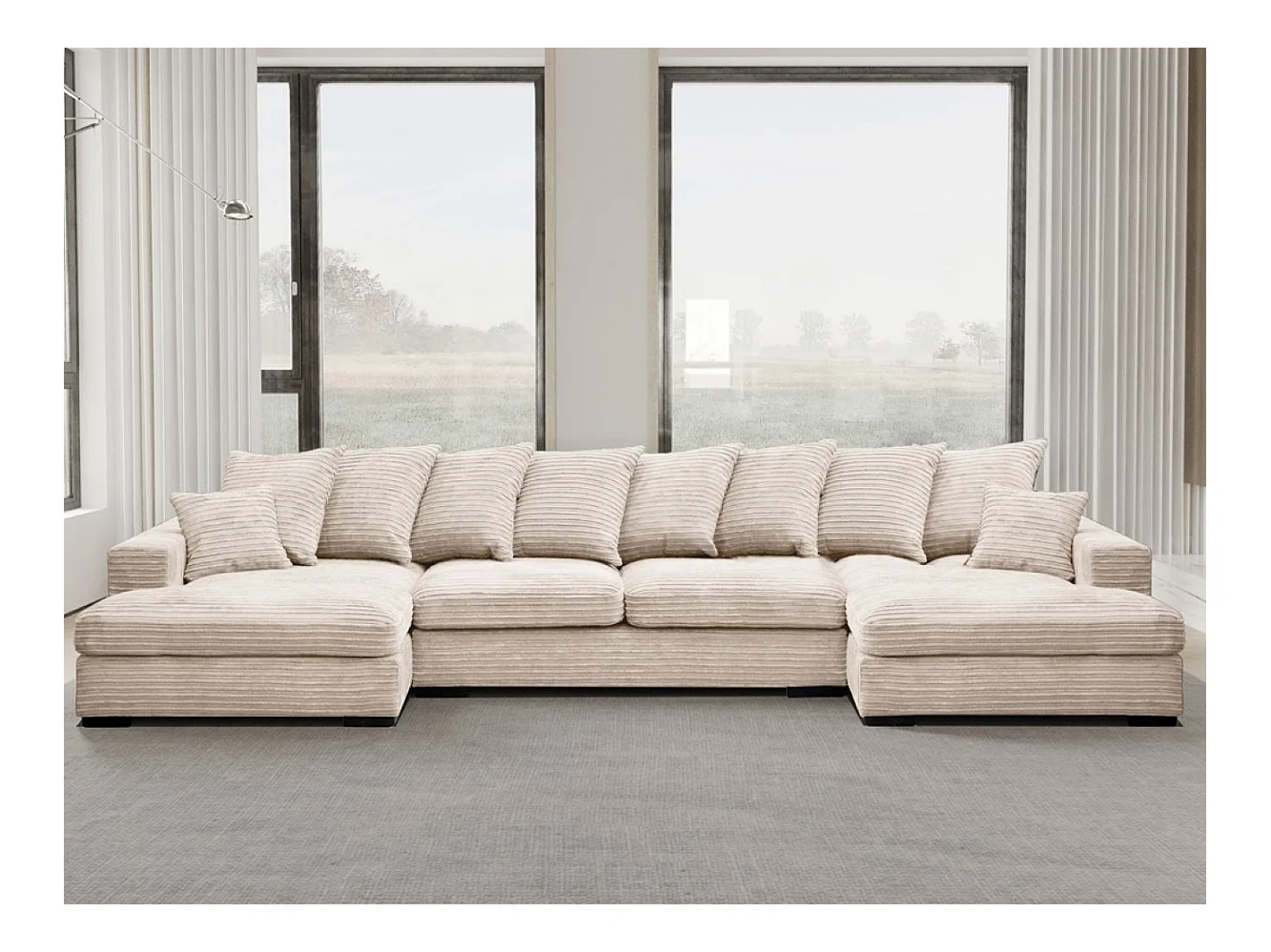 Canapé d'angle avec fonction couchage et coffre de lit, Canapé en U, Canapé en U tissu Gabon Zoom Crème