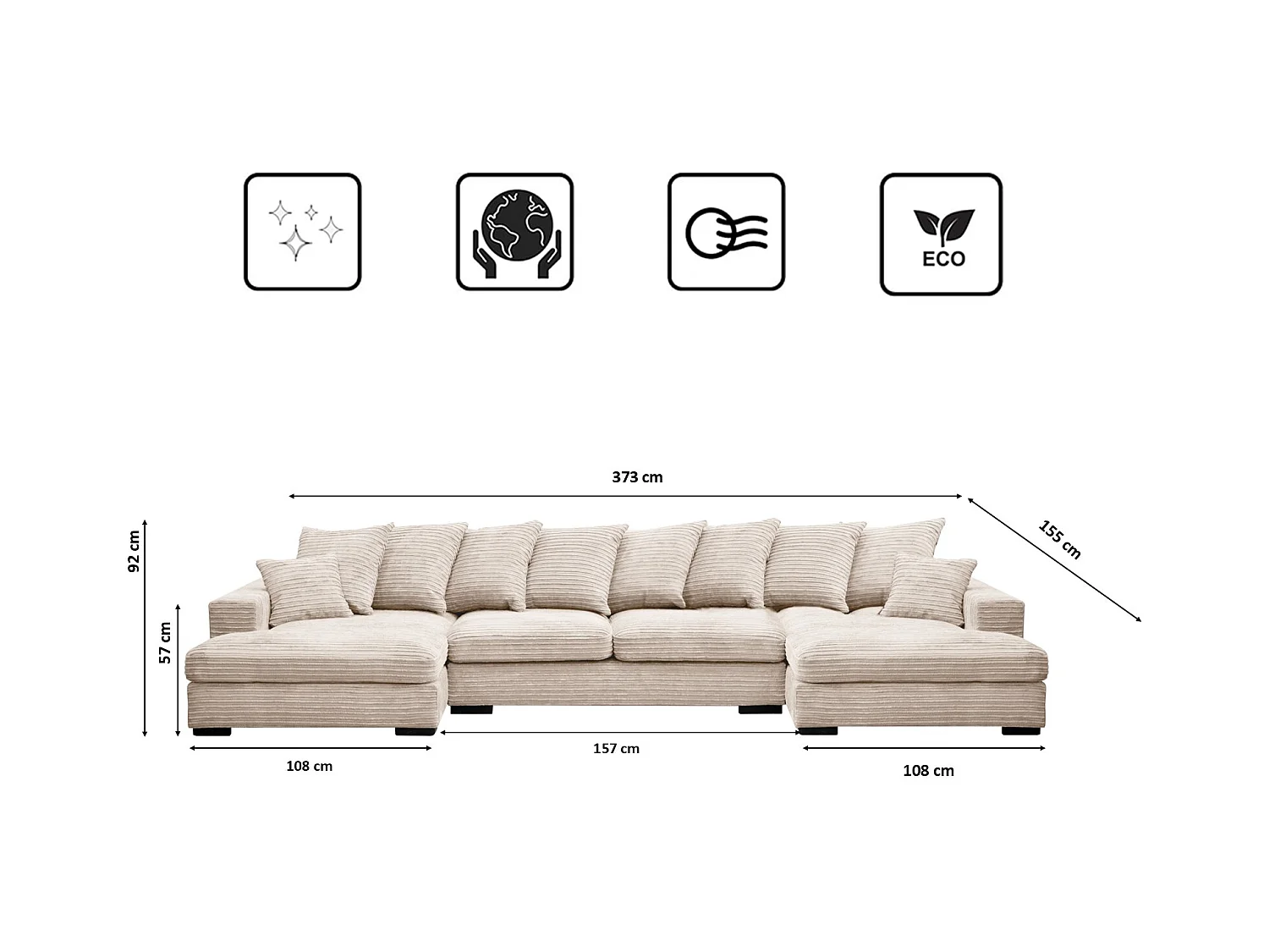 Canapé d'angle avec fonction couchage et coffre de lit, Canapé en U, Canapé en U tissu Gabon Zoom Crème
