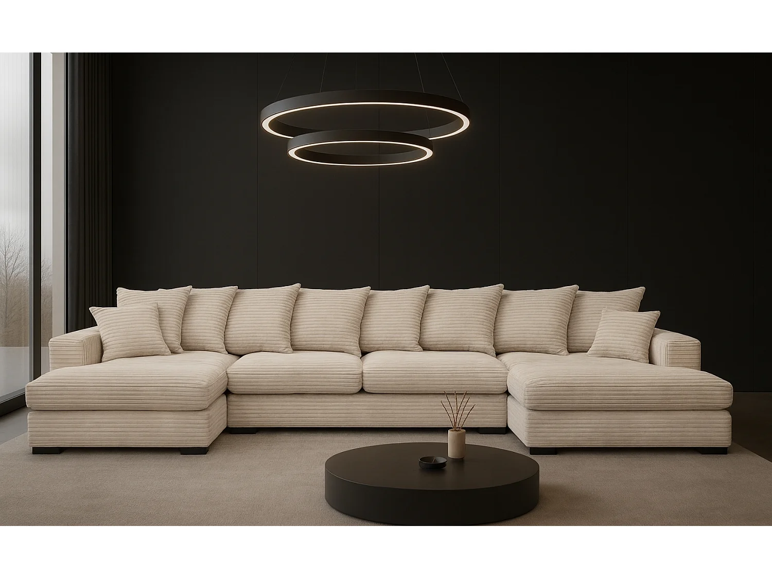 Canapé d'angle avec fonction couchage et coffre de lit, Canapé en U, Canapé en U tissu Gabon Zoom Crème