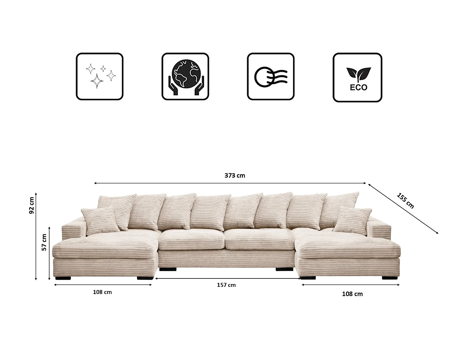 Canapé d'angle avec fonction couchage et coffre de lit, Canapé en U, Canapé en U tissu Gabon Zoom Crème