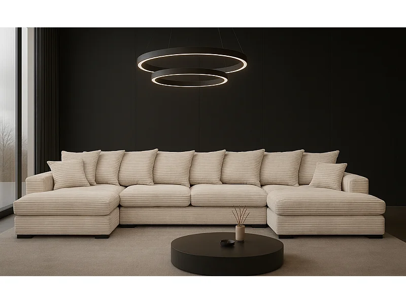 Hoekbank met slaapfunctie en bedstee, U-vormige bank, U-vormige bank Gabon stof Zoom Crème