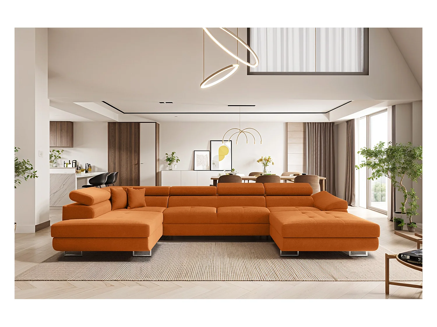 Canapé d'angle en U FALIO II avec fonction couchage, tissu Noel, orange, gauche